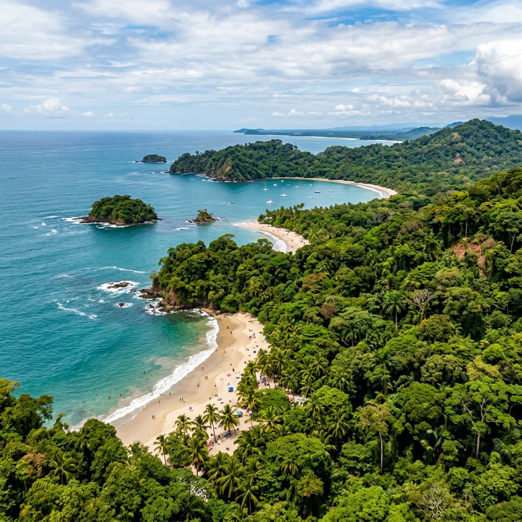 Curved sandy beach bordered by dense green rainforest and turquoise ocean with boats